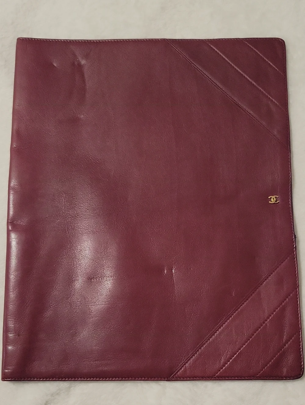 CHANEL Burgundy Leather Document Portfolio with Gold CC Accent